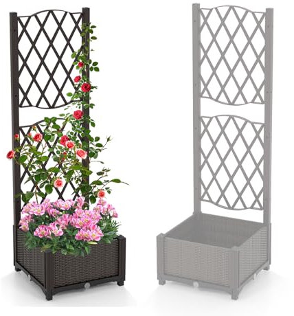 HOMASIS Jardinera enrejada de Exterior, Jardinera con Pedestal y Agujeros de Drenaje, Arriate Elevado para Plantas trepadoras, Cama elevada para Suelo, Patio y jardín, Marrón (Marrón, 40x40x122cm)