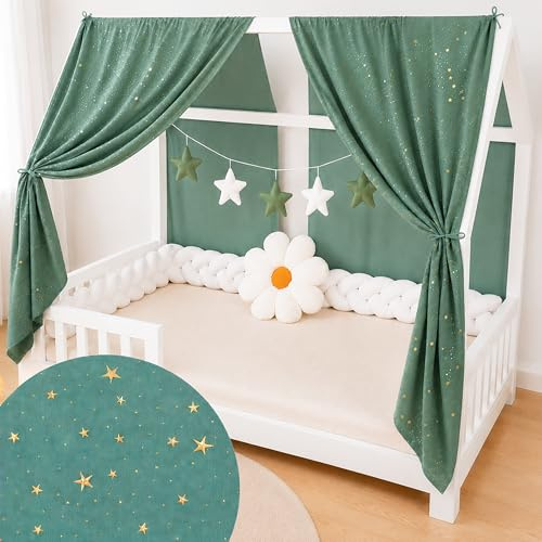 YellowNest Tenda per Letto Montessori (2 Pezzi) - Tenda Letto Bambini per Letto 70x140cm - 100% Mussola di Cotone - Con Ghirlanda (Eucalipto Ghirlanda, 62 x 270 cm (2 Pezzi))