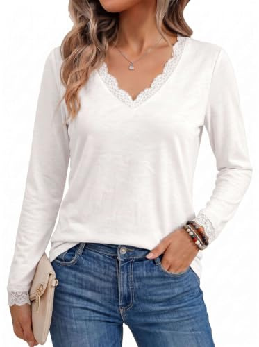 Pawate Top Femme Manches Longues - Décolleté V Dentelle - Tunique Basique Automne - T-Shirt Élégant
