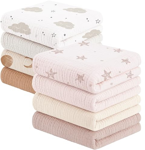 Susurration Muslin Cloths for Baby, 100% Cotton Baby Muslin Squares Cloths for Newborn Boy and Girl, Soft, Breathable and Extremely Absorbent Baby Muslin Burp Cloths, 60 x 60 cm, 8 Pack