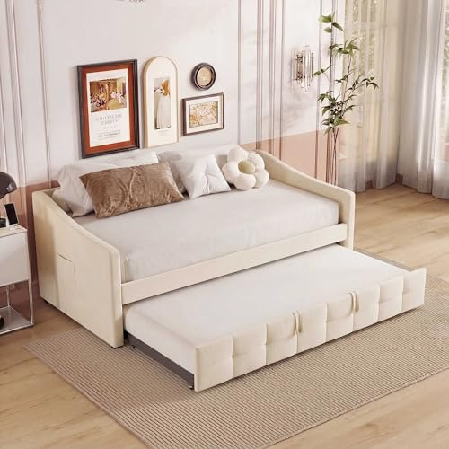 RXMORI Divano letto estraibile 90/180x200 cm, divano letto, letto imbottito 3 in 1, letto singolo/matrimoniale con rete a doghe, divano letto estraibile multifunzionale, senza materasso, beige (crema