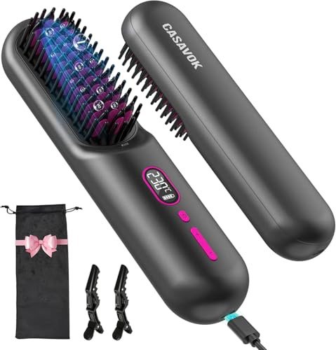 Cordless Hair Straightener Brush for Travel,Mini Hair Straightener Comb with Negative Ion,Portable hot Brush Hair Straightener for Women, Rechargeable 9600mAh Battery, Anti-Scald,12 Temp-Setting(Grey)