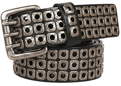 OBASDFD Cinture Con Borchie A 3 File Extra Lunga Punk Rock Rivetto Goth Hip Hop Uomo/Donna In Vera Pelle Personalizzate Per Jeans, Larghezza,8 Cm((130cm/waist:44~46))