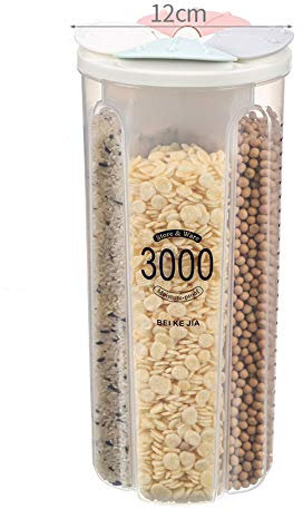 JMAHM Distributeur de céréales en plastique transparent avec plusieurs espaces, pour garder les aliments frais et secs (3000 ml/4 compartiments, couleurs mélangées)