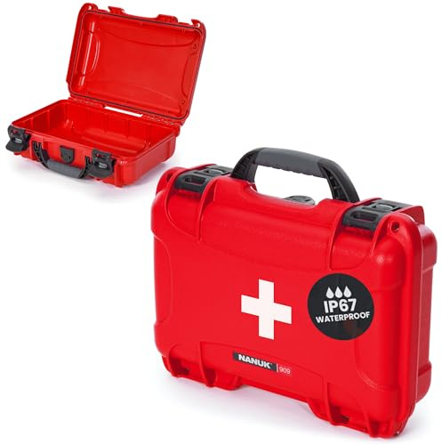 NANUK 909 Waterproof First Aid Box Empty – Durable, Medical First Aid Organizer Case, IP67-Rated, Dustproof, Impact-Resistant, and Floats (11.4 x 7.0 x 3.7) – Red