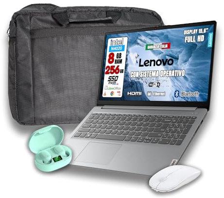 Lenovo Notebook Nuovo • CPU Intel N4020@2GHZ • Monitor 15.6 Full HD • SSD 256 GB • Ram 8GB • Sistema operativo Win 11 H e Libre Office • Mouse + cuffiette + borsa