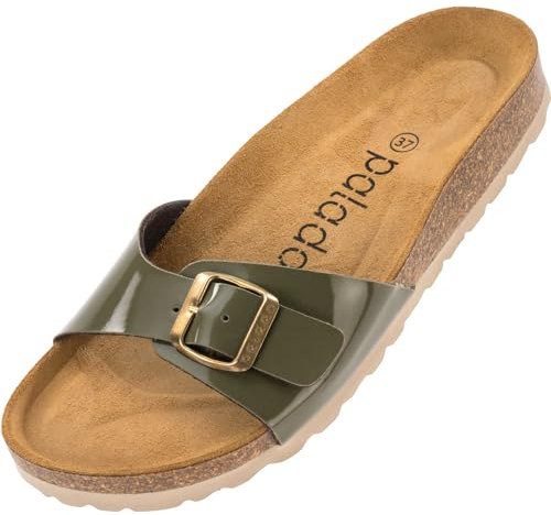 Palado Pantoletten Damen Malta Lack – gefertigt in Spanien – Glänzendes Obermaterial – EVA-Sohle – Veloursleder-Decksohle – Weichfußbett Khaki UK9 - EU42