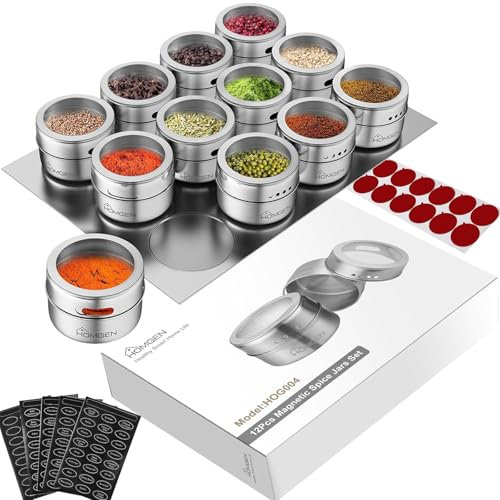 HOMGEN Pots à Épices Magnétiques, 12PCS Bocaux à Épices en Acier Inoxydable 100ml pour Réfrigérateur avec Trous Réglables Boîtes à Épices Cuisine Magnétiques avec Étiquettes