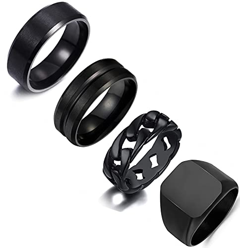 MOZAKA 4Pcs Stainless Steel Black Signet Solid Biker Ring For Men Polished Matte Grooved Edges Cuban Link Band Rings Set Size 11