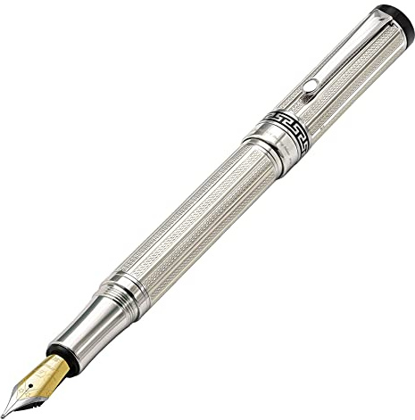 Xezo Tribune stylo plume en argent massif 925, plume moyenne. Plaqué platine. Gravé à la main et numéroté