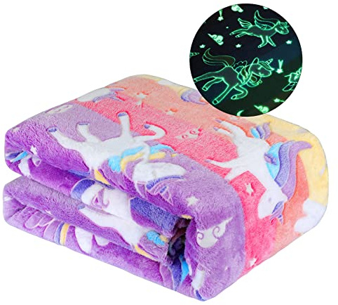 Glow in The Dark Blanket Unicorns Gifts for Girls Birthday Gift Halloween Super Cute Soft Cozy Rainbow Unicorn Star Flannel Luminous Magic Throw Thanksgiving Decor 50x60
