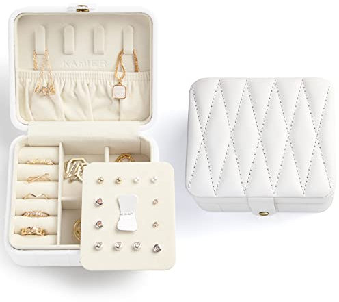KAMIER Kleine Schmuckkästchen, Reise Schmuckschatulle für Damen, Reiseschmuckaufbewahrung, PU-Leder mit Spiegel Schmuckbox, Schmuck Organizer Aufbewahrung für Halskette, Ohrringe, Armbänder,Weiß