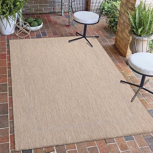 Carpetsale24 Outdoor Teppich Wetterfest 280x370 cm Beige Bordüre Design Flachgewebe Waschbar XXL Extra Groß für Wohnzimmer Esszimmer Terrasse Garten