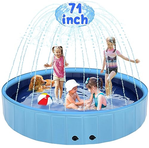 Eooqi 71 Large Dog Pool, 2-in-1 Foldable Splash Pool with Sprinkler