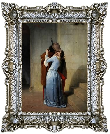 LIGUORO SHOP Francesco Hayez Kiss Quadro Reproduktion Tryckt på Pappersdukseffekt med barockram cm 55x45 (Antik Silver)