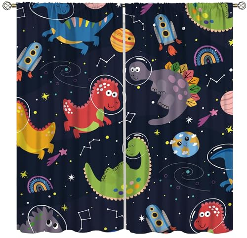 ShiTingYu Kids Dinosaur Curtains, Cartoon Dino Outer Space Window Treatments for Boys Girls Kids Bedroom Children Nursery Decor, Cute Funny Starry Star Window Drapes 2 Panel Sets,42x45 Inch