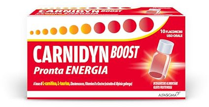 Carnidyn Boost, Integratore per Extra Energia, con Carnitina, Taurina, EnXtra (Alpinia Galanga), Eleuterococco e Vitamine B, Privo di Caffeina, Glutine e Lattosio, Gusto Frutti Rossi, 10 flaconcini