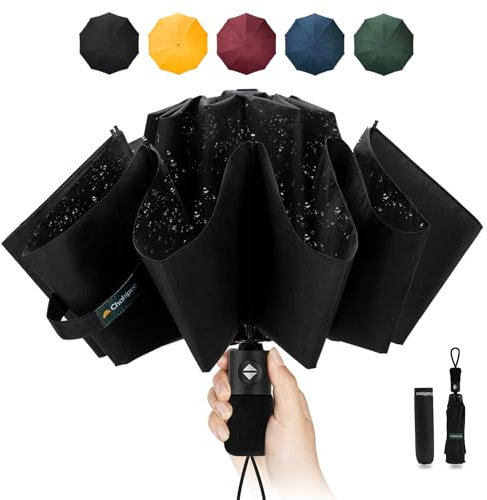 Chakipee Travel Windproof Strong Compact Umbrella - 10 Ribs Black Portable Umbrella for Men and Women - Inverted Folding Automatic Umbrellas for Wind and Rain, 210T Fabric 105cm Span