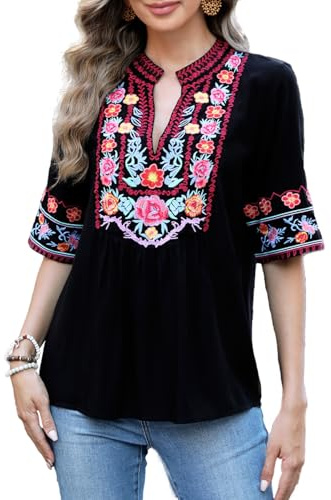 Säsong Ukraina blus sommar damer tunika bohemiskt broderi folklore toppar boho hippie kortärmad lös topp, 799-svart, 3XL