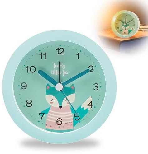 Idota Sveglia per bambini, analogica, senza ticchettio, fumetto, sveglia a batteria (senza batteria), sveglia silenziosa per bambini, per la cameretta dei bambini, comodino, scrivania, colore blu