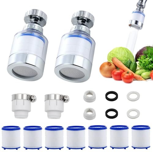 LURNODY 2 Pièces Filtre Robinet Anti Calcaire, Filtre Anti Calcaire Robinet, Filtre Eau Robinet Avec 7 éléments Filtrants en Coton PP, Filtre Calcaire Robinet Rotatif à 360°, Filtre à Eau Robinet
