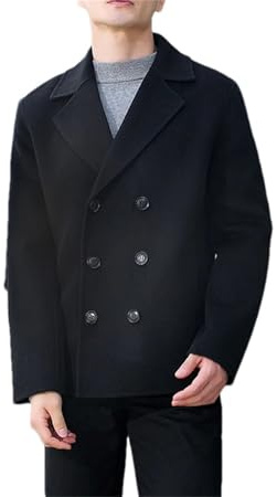 Mnjyihy Giacca da uomo in lana doppiopetto con colletto a doppio petto casual corto cappotto di lana top, Nero , M