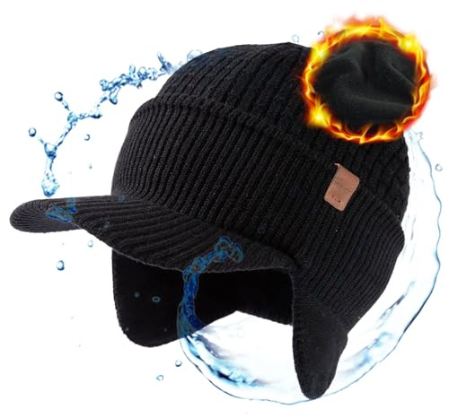 TOP-EX Waterproof 50% Merino Wool Peaked Beanie Hat Men with Ear Flaps Ladies Winter Hats with Brim Warm Fleece Lined Womens Newsboy Baker Boy Hat for Golf Running Black S/M