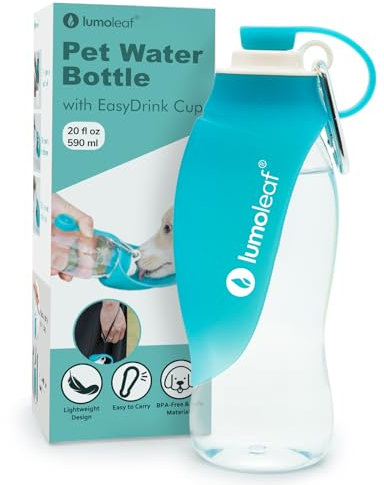 LumoLeaf Hundewasserflasche für Spaziergänge, tragbarer Wasserspender mit faltbarem Blatt-Napf – Leichte Reise-Flasche für kleine & mittelgroße Hunde, 590 ml