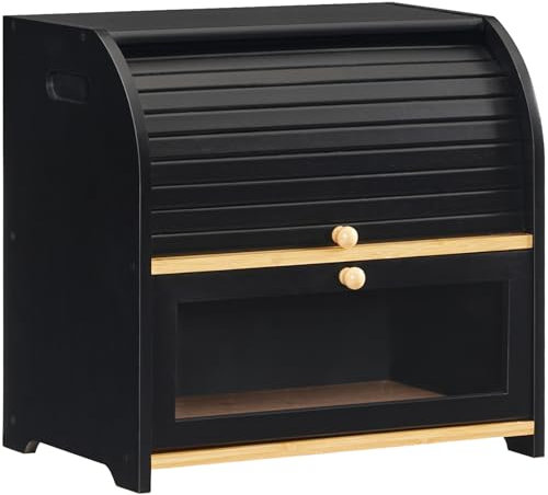 HOOBRO Bread Box, Bamboo Bread Box for Kitchen Countertop, 2 Tier Roll-Top Bread Bin, Food Storage Box, Large Capacity Keeper, Wooden Storage Cabinet, for Kitchen, Dining Room, Black EBK13MB01