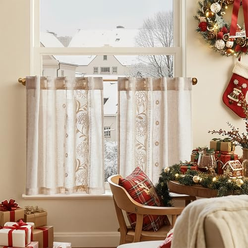 TOPICK Visillos de cocina, color blanco sobre crudo, con trabillas ocultas, cortas, con lino bordado, cortinas para salón, dormitorio, translúcidas, estilo rústico, juego de 2 unidades, 65 x 60 cm