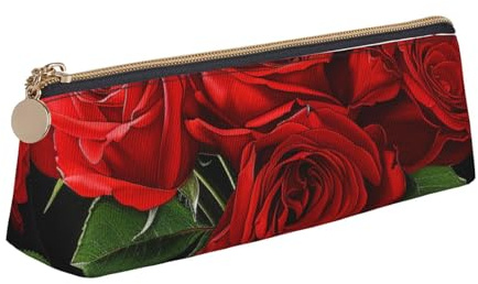 JKSEEPYN Red Rose Printed Pencil Case for Students Girls Boys - Triangle PVC Leather Stationery Organizer Makeup Pouch for School Office Travel
