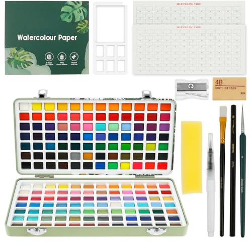 KEGAJEGA Set di colori ad acquerello, 168 colori, colori ad acqua, con pennello, tavolozza, matita, carta acquerello, contenitore lavabile, acquerello, set da viaggio per artisti, amatoriali
