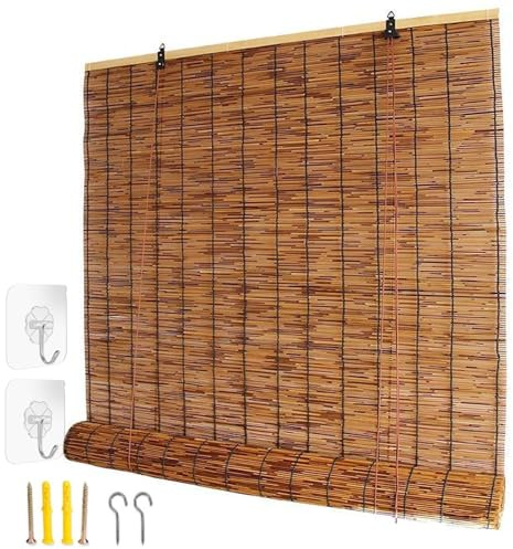 Bamboo Shades Outdoor Indoor, Blackout Roller Blinds for Windows, Reed Roll Up Curtain Easy to Install, 60 * 110 130 * 150 150 * 80 120 * 140 150 * 180 for Home Office Patio, Light-Filtering