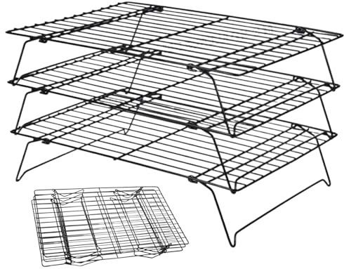Générique Grille de Refroidissement Pâtisserie 3 Niveaux Empilable et Pliable, Support Pliable Gain de Place, Support Antiadhésif en Acier Carbone pour Gâteaux, Muffins, Biscuits, 34x24x6,5 cm