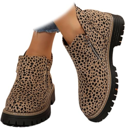 MAOAEAD Bottines Chelsea orthopédiques à talon épais en daim pour femme Imprimé léopard Bottines confortables à bout rond avec fermeture éclair latérale, imprimé léopard, 39.5 EU