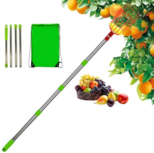 Ramasse-pommes avec panier – Ramasse-fruits télescopique en acier inoxydable avec panier – Fruits amovibles antirouille portables pour poire, pêche, orange, citron, prune, abricot