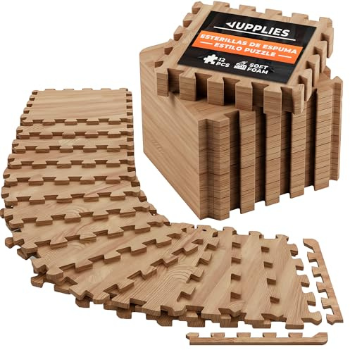 JUPPLIES Alfombra Puzzle Bebe 12 Piezas – Alfombra de Juego Acolchada y Antideslizante – Goma EVA Tapete de Actividades para Bebe (Puzzle Madera)