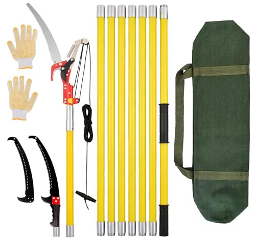 Astsäge mit Teleskopstiel 8m 3-in-1 Teleskopsäge, Astschere & Hochentaster mit federunterstütztem Seilzug | Leichte Baumsäge für Gartenpflege & Baumschnitt | Mit Tragetasche & Ersatzsägeblatt, Gelb