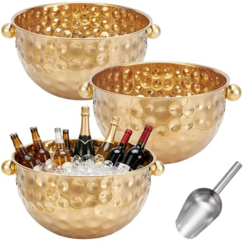 ORIGACH Hammered Stainless Steel Champagne Ice Bucket Set of 2, Ice Scoop | 6/7L Large Gold Wine Beer Drinks Chiller Bowls with Handles, Metal Beverage Tubs for Party, Cocktail Bar, Chilling Wine