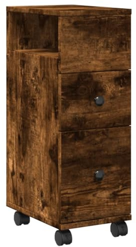 QJBSAVVA Armadietto da bagno stretto con ruote, scaffale a nicchia in legno di rovere affumicato, 23 x 33 x 65 cm, mobile mobile con 2 cassetti, per bagno e cucina