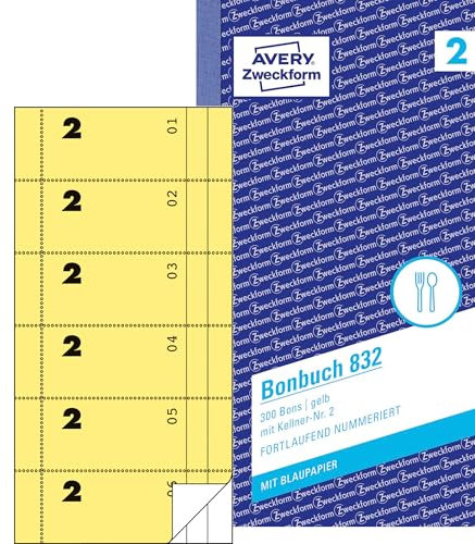 AVERY Zweckform 832 Bonbuch (105x198mm, 300 Bons mit Kellner-Nr. 2, mit einem Blatt Blaupapier und je einem Durchschlag, 1 Block mit 300 Stück, ideal für den Gastronomiebedarf) gelb/weiß