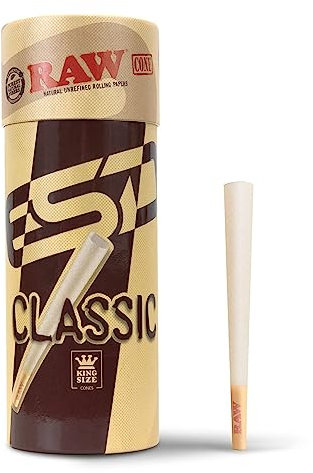 Raw Cones Klassische Kingsize-Größe | 50 Stück | Natürliches, vorgerolltes Blättchen mit Tipps und Packstäbchen im Lieferumfang enthalten