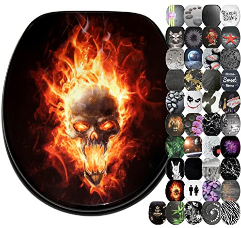 Sanilo Soft Close Toilet Seat, Wide Choice of Black Toilet Seats, Stable Hinges, Easy to Mount (Skull in Flames)