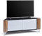 MDA Designs Corvus Eckfreundlicher Schrank mit Walnuss-Profilen, weiße BeamThru Glastüren, geeignet für Flachbildfernseher bis 127 cm (50 Zoll), glänzendes Schwarz