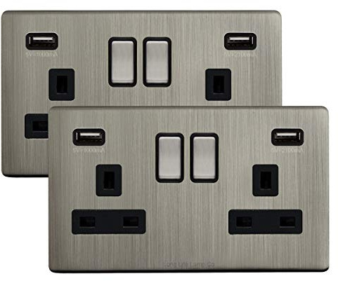 2 x Brush Chrome Double Wall Switch Socket 13A 2 gang with 2 USB Charger Ports UK 3 pin Plug Screwless Finish N776DME