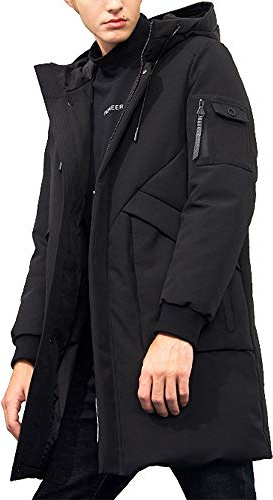 Pioneer Camp Men's Winter Coats Water-Repellent Windproof Thicken Parkas Long Hooded Padded Puffer Jacket (Black, XL)