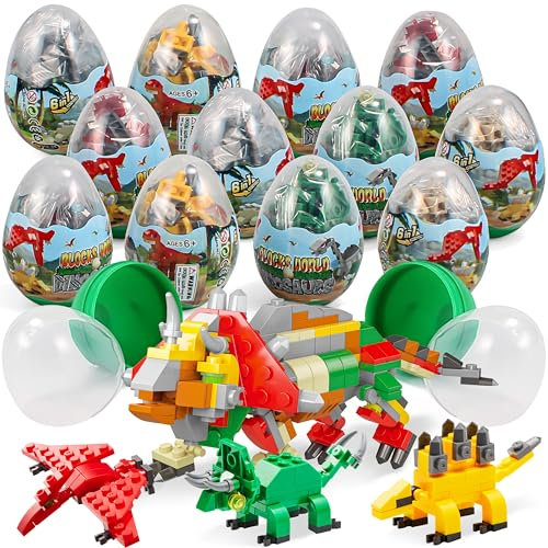 JOYIN 12 vorgefüllte Ostereier mit entzückenden Tierbausteinen für Ostergeschenke, Ostereiersuche, Osterkörbchenfüller (Dinosaurier)