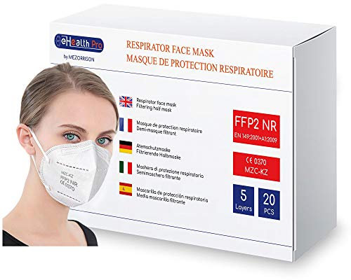 Scatola da 20 Mascherine respiratorie Protezione FFP2 NR monouso, 5 STRATI, testate e certificate CE EN149 da un Oragnismo Notificato (Notified Body) - Alta Filtrazione EFB> 94%