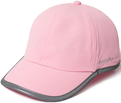 Ponyflo Kids Active Ponytail Hat, Patented Girls’ Ponytail Baseball Cap with Reflective Lining, Quick-Dry UV Sun Protection, Carolyn Fully Reflective, Pink