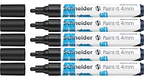Schneider 120201 Paint-It Acrylstifte (mit 4 mm Rundspitze, hochdeckende Acrylfarben für Holz, Leinwand, Stein uvm.) 5er Pack, schwarz